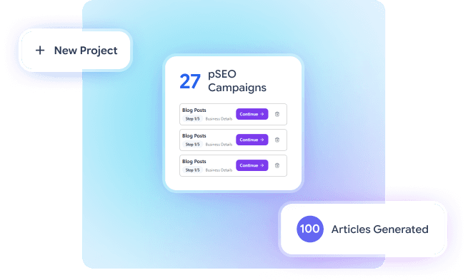 PSEO Builder dashboard showing campaigns, projects, and articles generated
