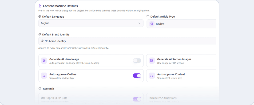 Content machine defaults panel with default language, article type and generation toggles