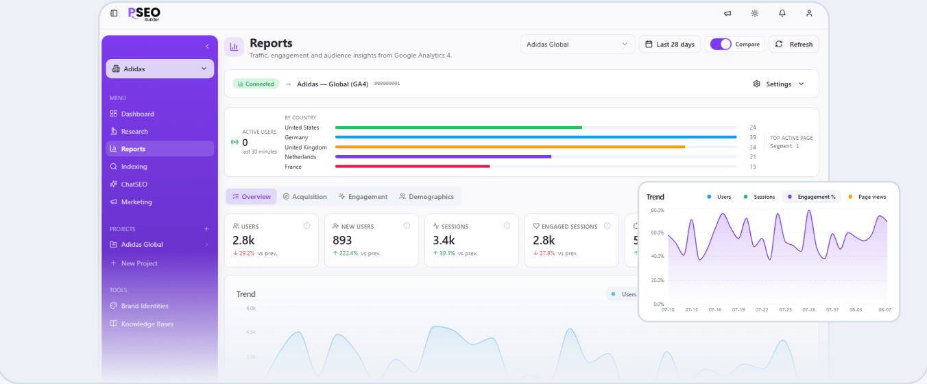 Report-Dashboard mit Diagrammen zu Traffic, Engagement und Zielgruppe