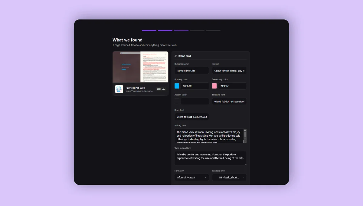 Brand card view after autofetch (brand voice, tone, key differentiators, colors)