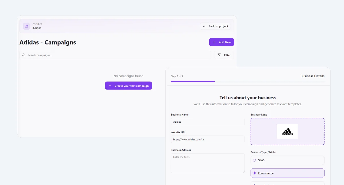 New Campaign dialog (name field, project picker)