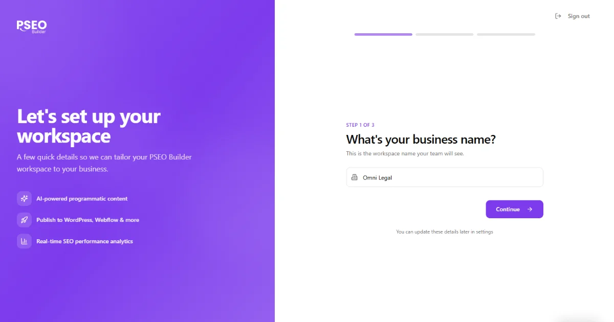 Business setup onboarding wizard (company name, website, team size)