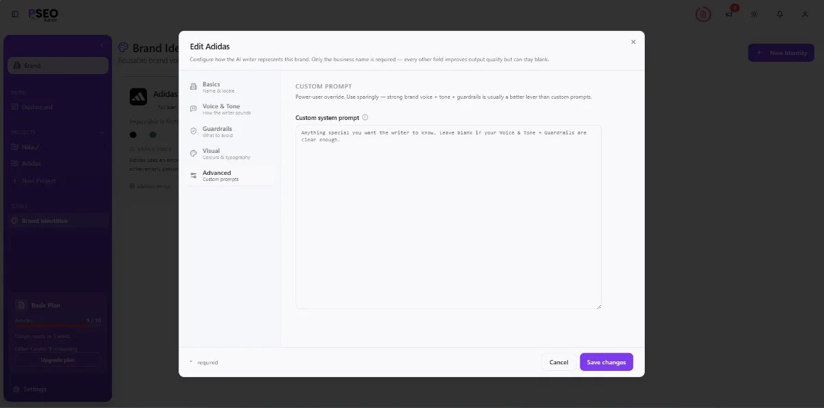 Advanced tab (custom system prompt)