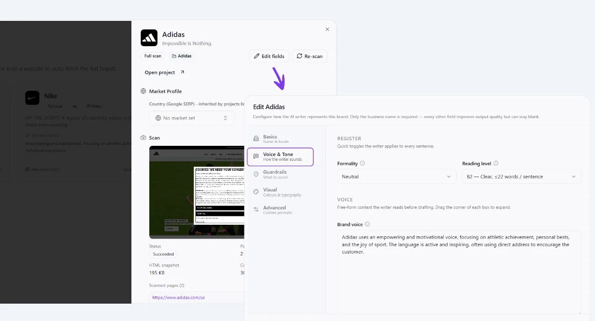 Voice & Tone screenshot (formality, reading level, brand voice, target audience)