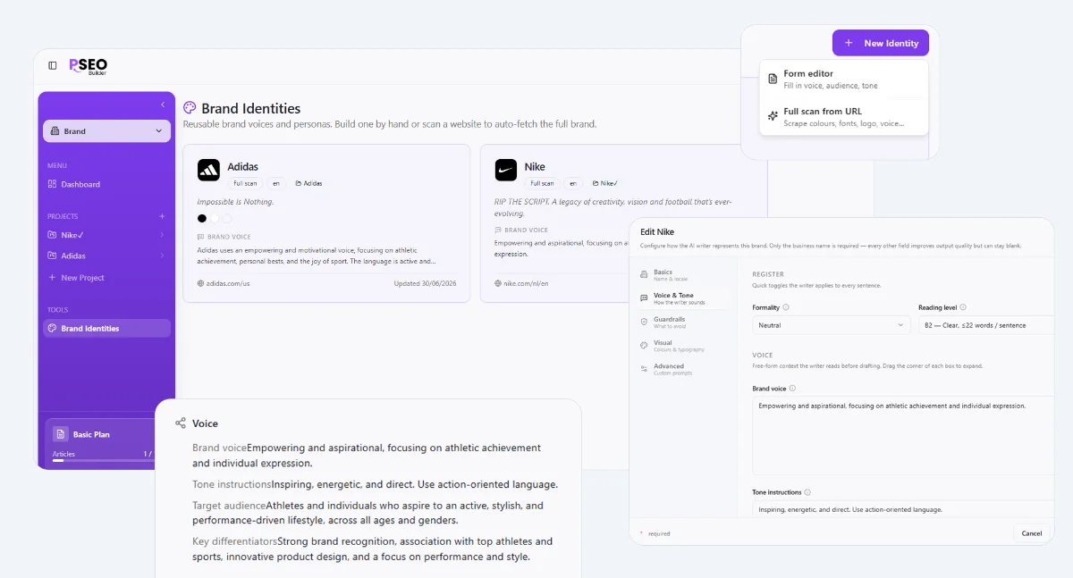 Brand identities library (voice, audience, palette cards)
