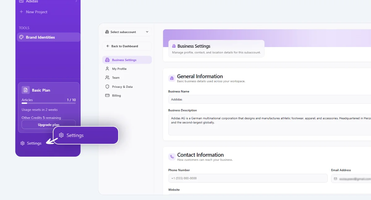 Business settings page (company info, defaults)