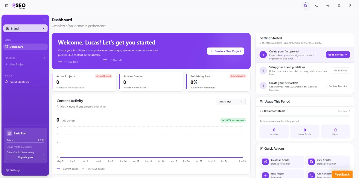 Subaccount dashboard (recent projects, queue status, credit balance)